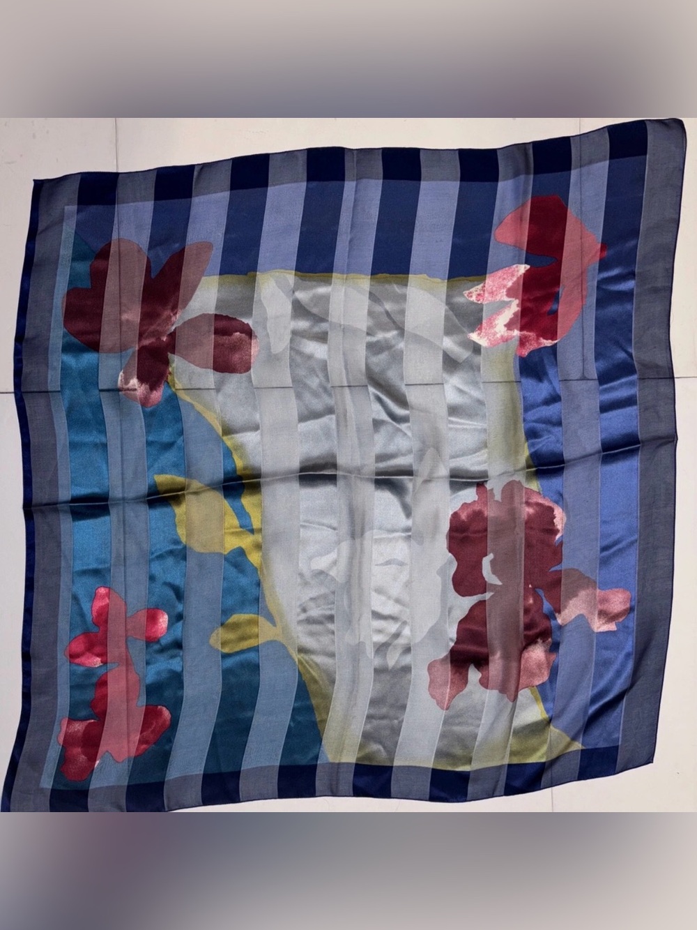 Charter Club Square‎ Scarf 35" X 34" 100% Silk Made In Italy Blue Striped Floral